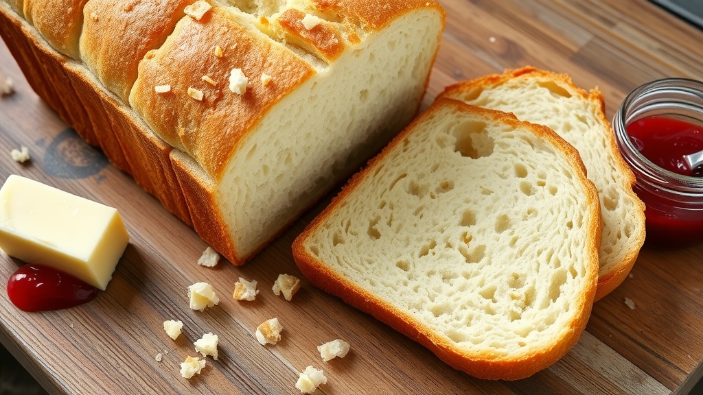 Soft and Fluffy Milk Bread Recipe A loaf of soft Milk Bread, sliced with butter and jam on a wooden table.